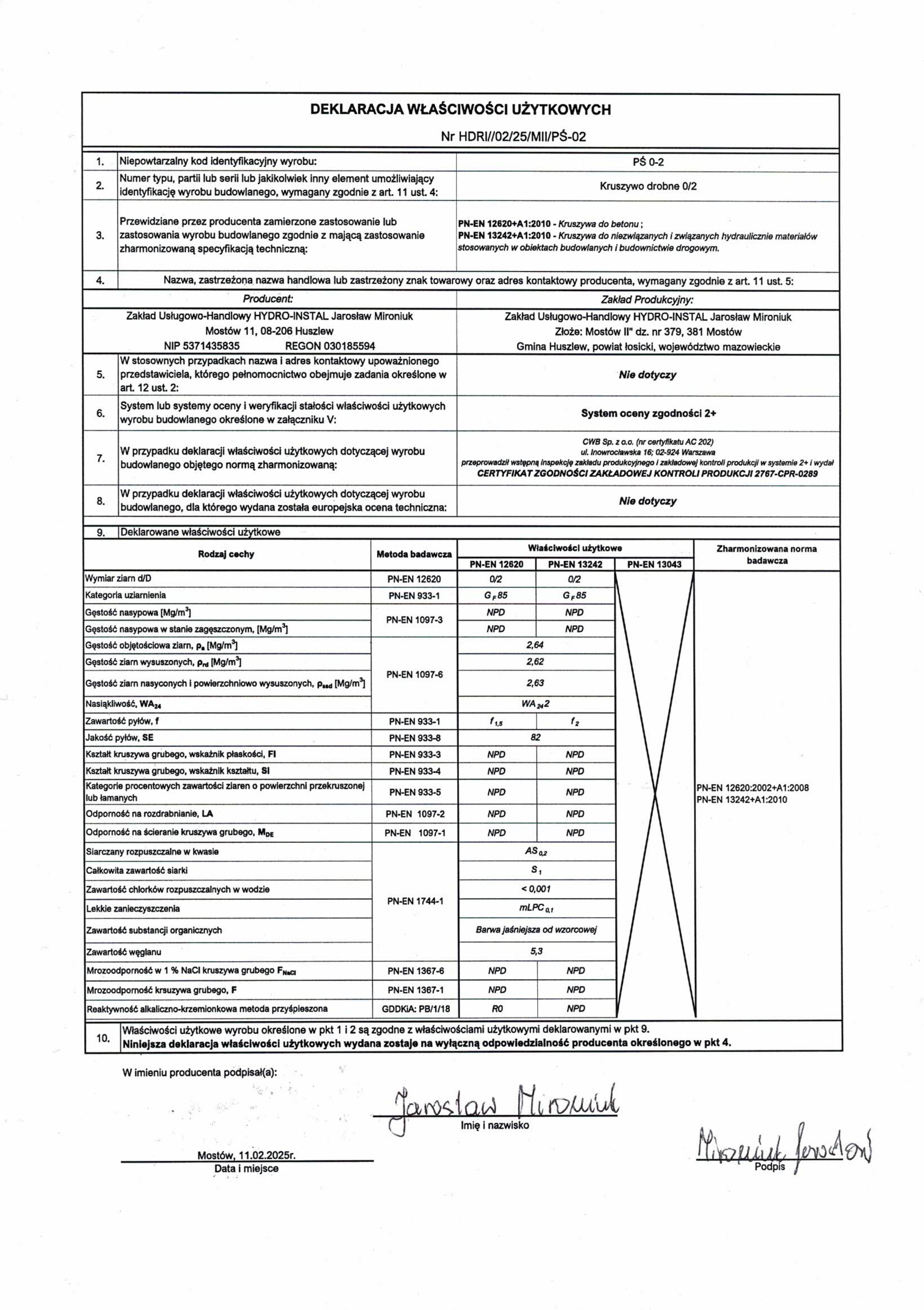 Deklaracja właściwości użytkowych